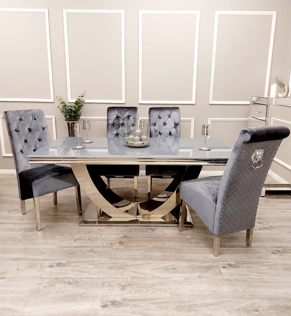 Arial Dining Table in Grey Glass with 4 Emma Grey Shimmer Chairs  All Sizes - AR Furnishings