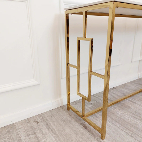 Geo Gold Console Table with Polar White Sintered Top - AR Furnishings