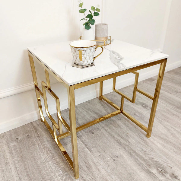 Geo Gold Lamp Table with Polar White Sintered Top - AR Furnishings