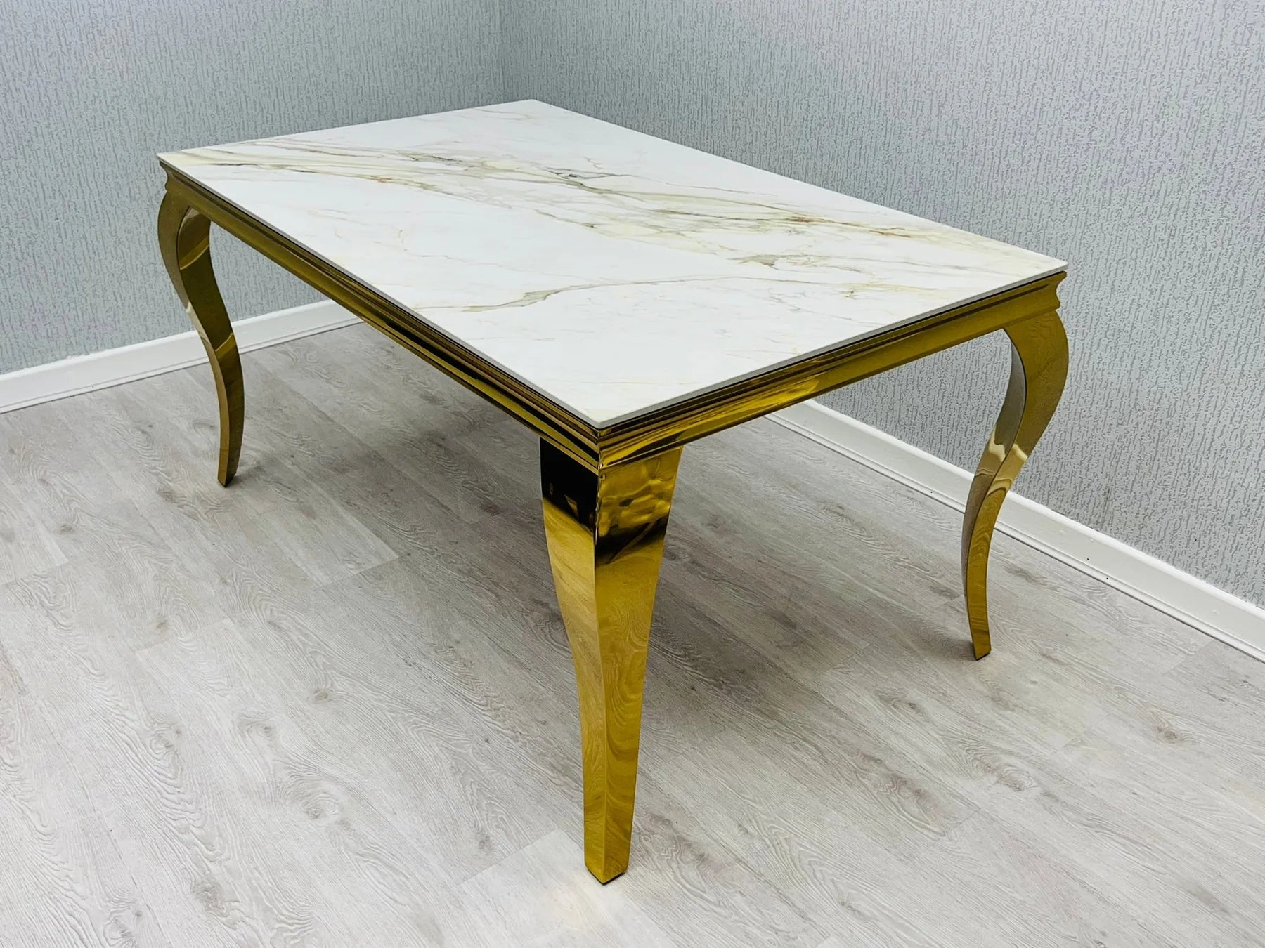 Louis Gold Cream Marble Dining Table With Shimmer Gold Lion Knocker Dining Chairs