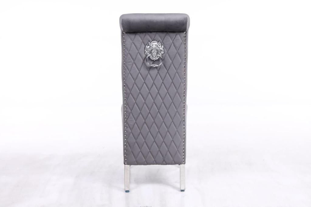 Sophia Grey French Velvet Lion Knocker Dining Chair With Chrome Legs - AR Furnishings