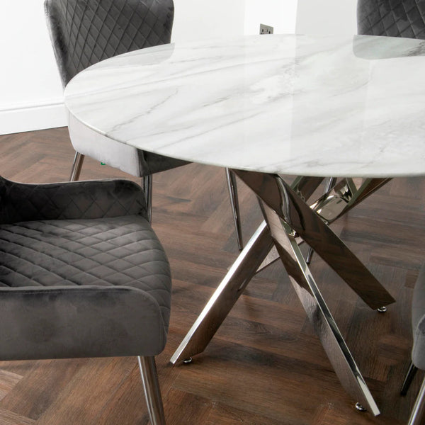 Marble Glass Round 120cm Dining Table with 4 Chairs - AR Furnishings