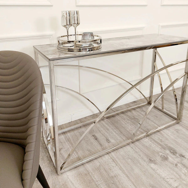 Stella Chrome Console Table with Stomach Ash Grey Sintered Top - AR Furnishings