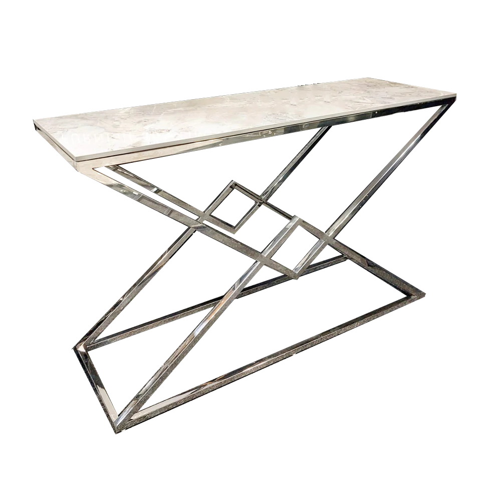 Vesta Chrome Console Table with Stomach Ash Sintered Stone Top - AR Furnishings