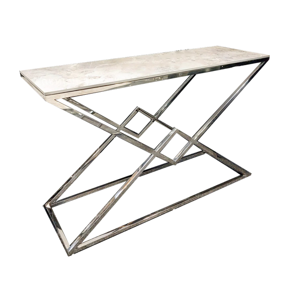 Vesta Chrome Console Table with Stomach Ash Sintered Stone Top - AR Furnishings