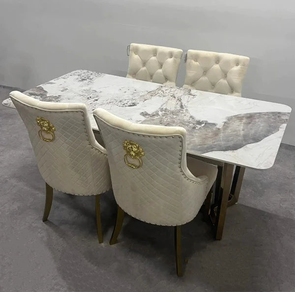 Lucien 180cm Gold Dining Table with Pandora Gold Sintered Stone Top & Gold Lion Knocker Dining Chairs