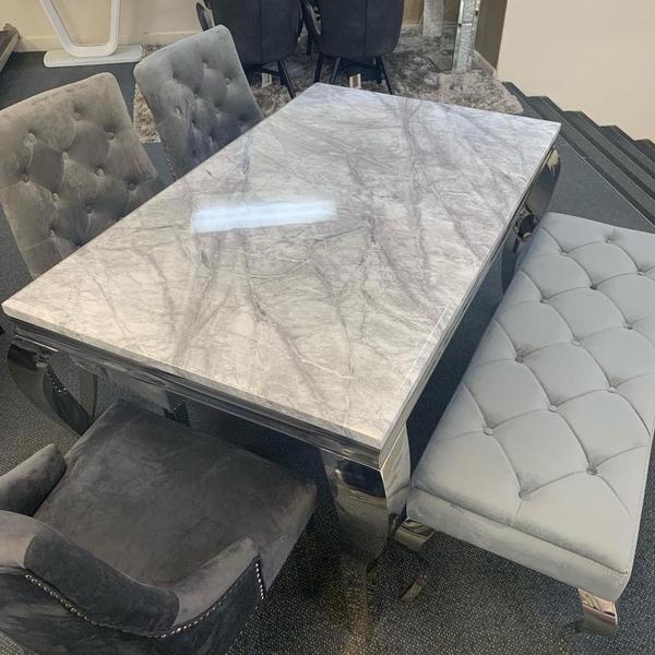 Louis 150cm Grey Marble Table Majestic Knocker Chairs & Bench - AR Furnishings