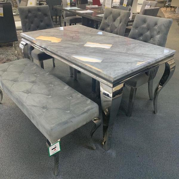 Louis 120cm Grey Marble Table Majestic Knocker Chairs & Bench - AR Furnishings